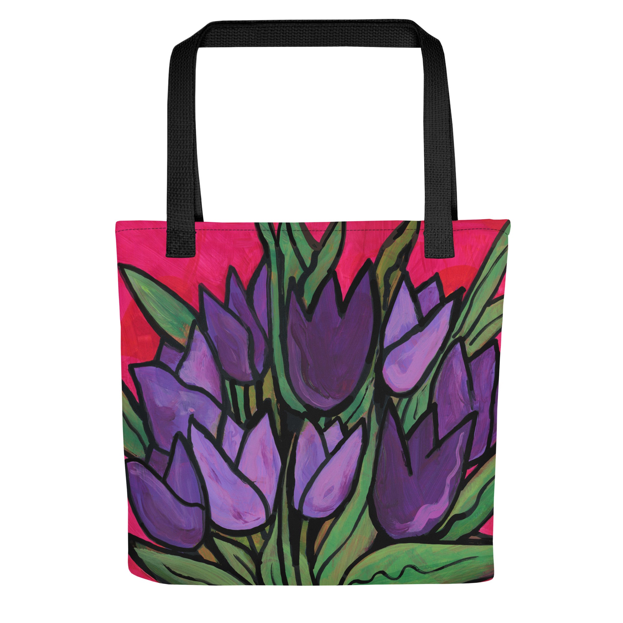 Front view of Purple Tulip Passion Tote Bag on white background