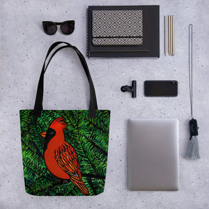 Cardinal Tote Bag shown with sunglasses, notebooks, agenda, pencils, clip, phone, laptop and lanyard