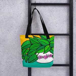 Happy Plant Tote Bag hanging on black ladder