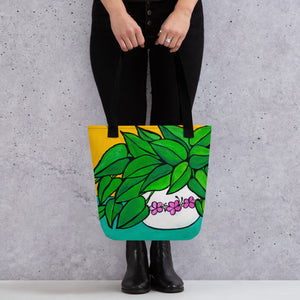 Woman in black clothing holding Happy Plant Tote Bag