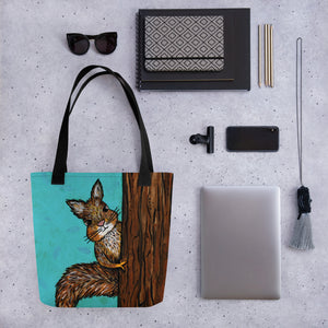 Squirrel Tote Bag shown with sample items - sunglasses, agenda, sketchbook, pencils, clip, phone, tablet and lanyard