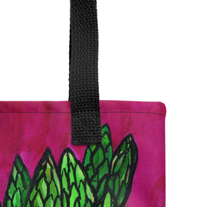 close up of asparagus tote bag's black handles