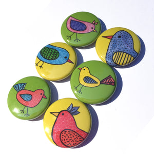 set of 6 bird drawing buttons