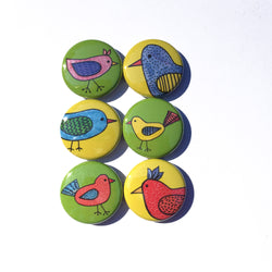 6 different bird whimsical bird drawings on round buttons/magnets