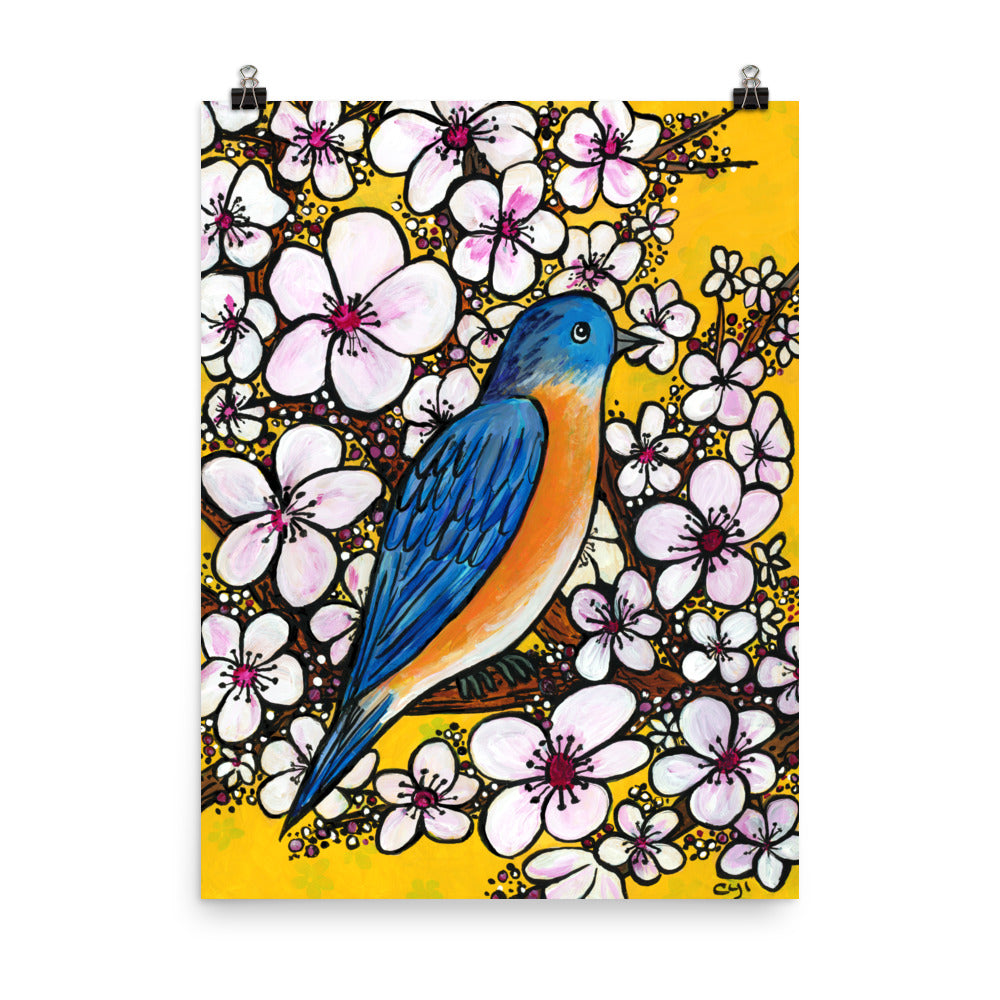 Bluebird with Cherry Blossoms Matte Art Print