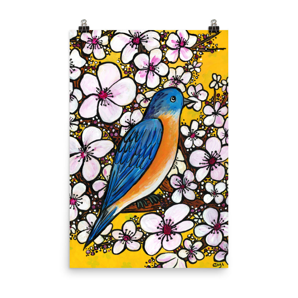 Bluebird with Cherry Blossoms Matte Art Print