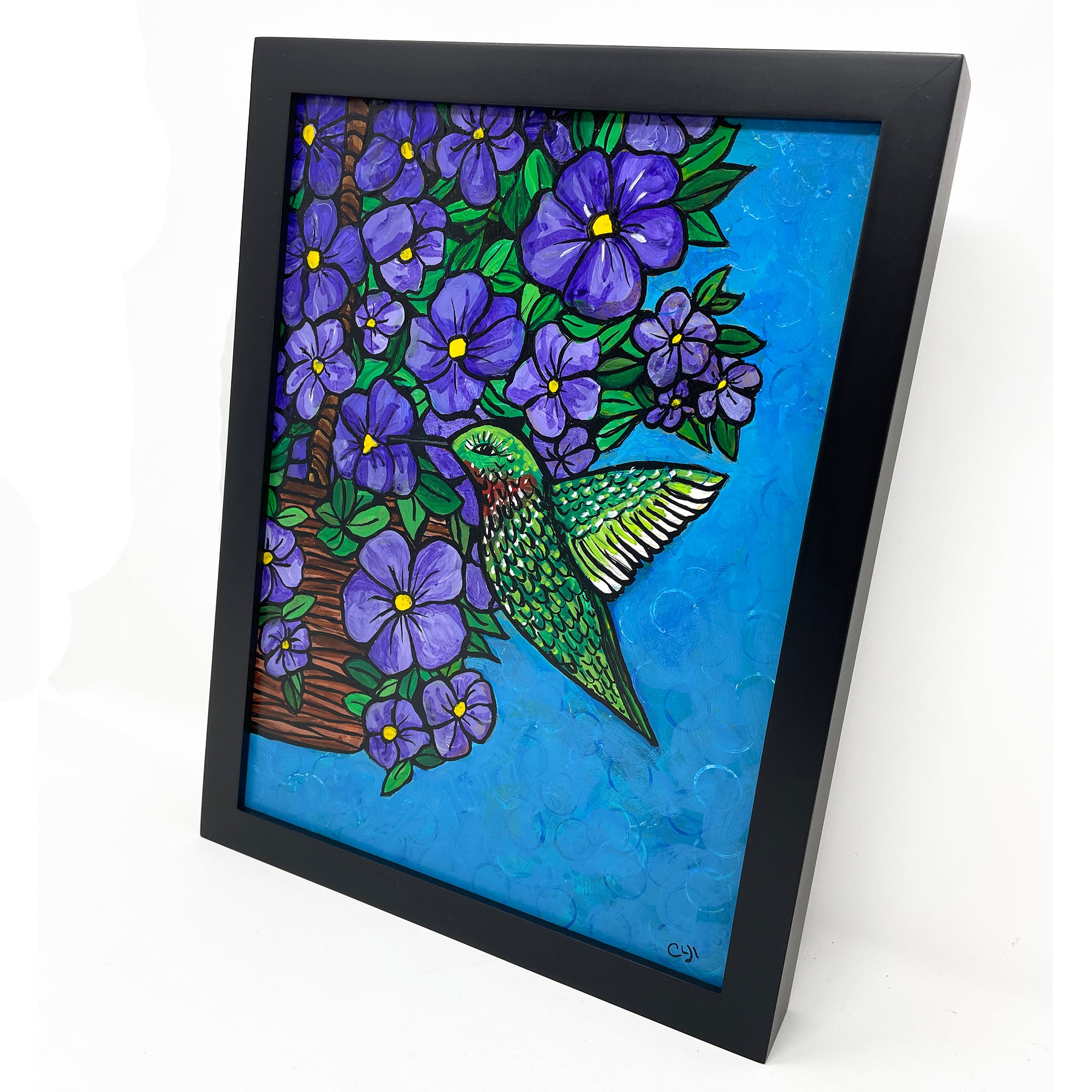 Original Green Hummingbird Painting with Purple Petunia Basket