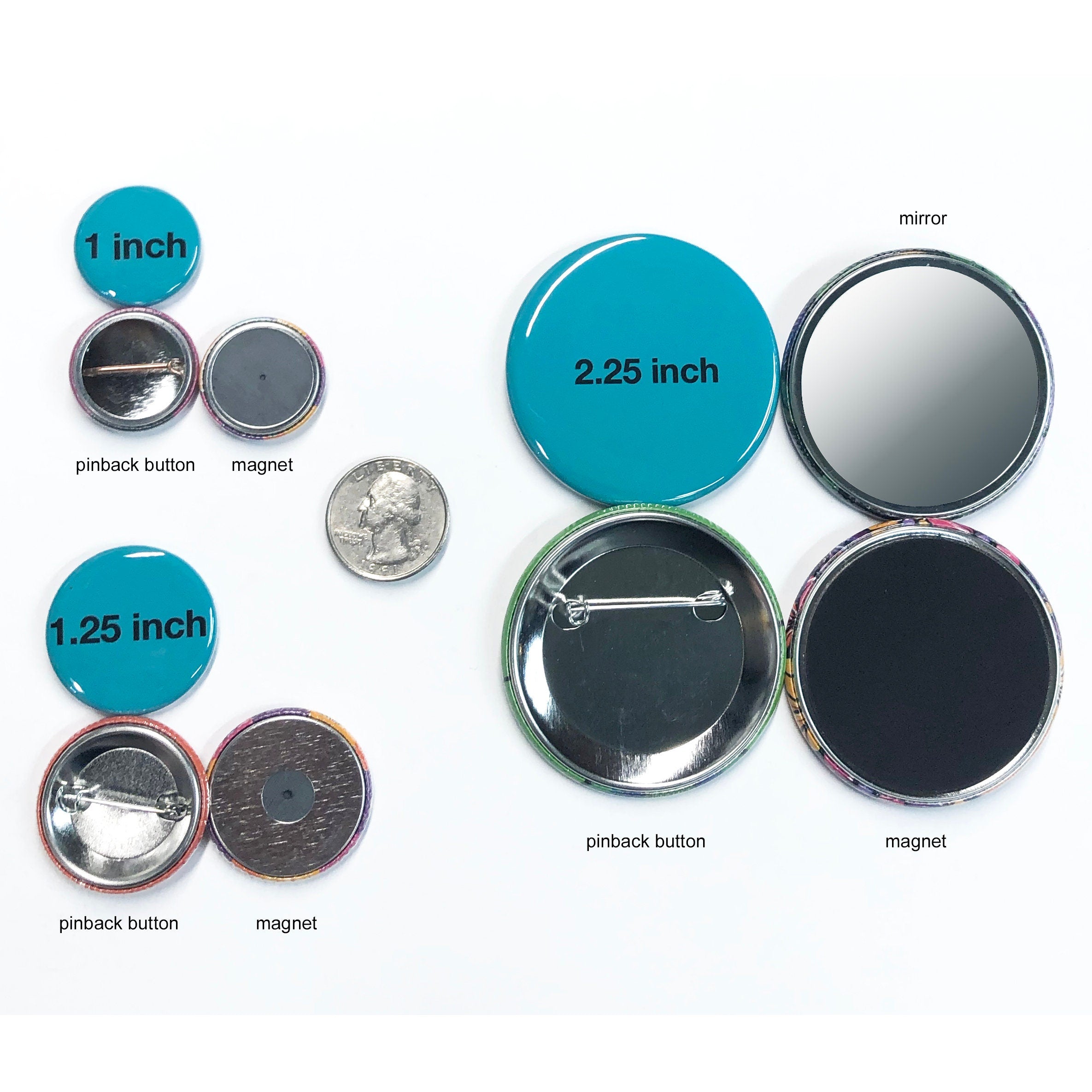 image shows the 3 different size pins and magnets compared to a united states quarter