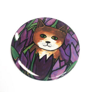 Brown Cat Pocket Mirror, Fridge Magnet, or Pin Back Button - Cat with Purple Tulips - Cat Lover Gift