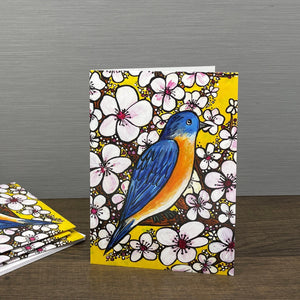 Bluebird Notecard with Cherry Blossoms - Blank Bird Card for Thank You, Birthday, Wedding, Every Day, Any Occasion