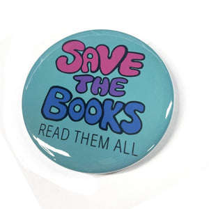 Pin with hand drawn text SAVE THE BOOKS with read them all written below