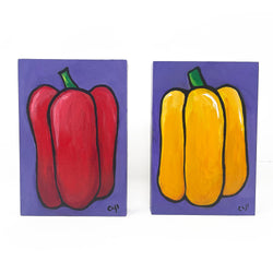 Original Pepper Paintings - Yellow and Red Peppers Diptych on Purple - 2 Vegetable Paintings