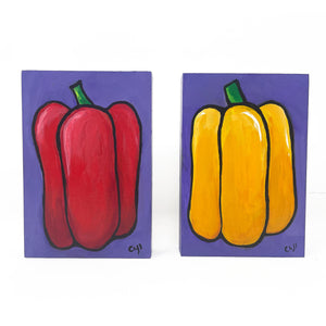 Original Pepper Paintings - Yellow and Red Peppers Diptych on Purple - 2 Vegetable Paintings