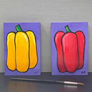 Original Pepper Paintings - Yellow and Red Peppers Diptych on Purple - 2 Vegetable Paintings