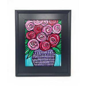 Acrylic Painting in Black Frame - Whimsical pink and red roses with green leaves in decorate purple vase.Aqua blue striped background.