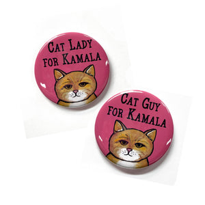 Two pink round buttons with yellow tabby cat. One says Cat Lady for Kamala. The other says Cat Guy for Kamala.