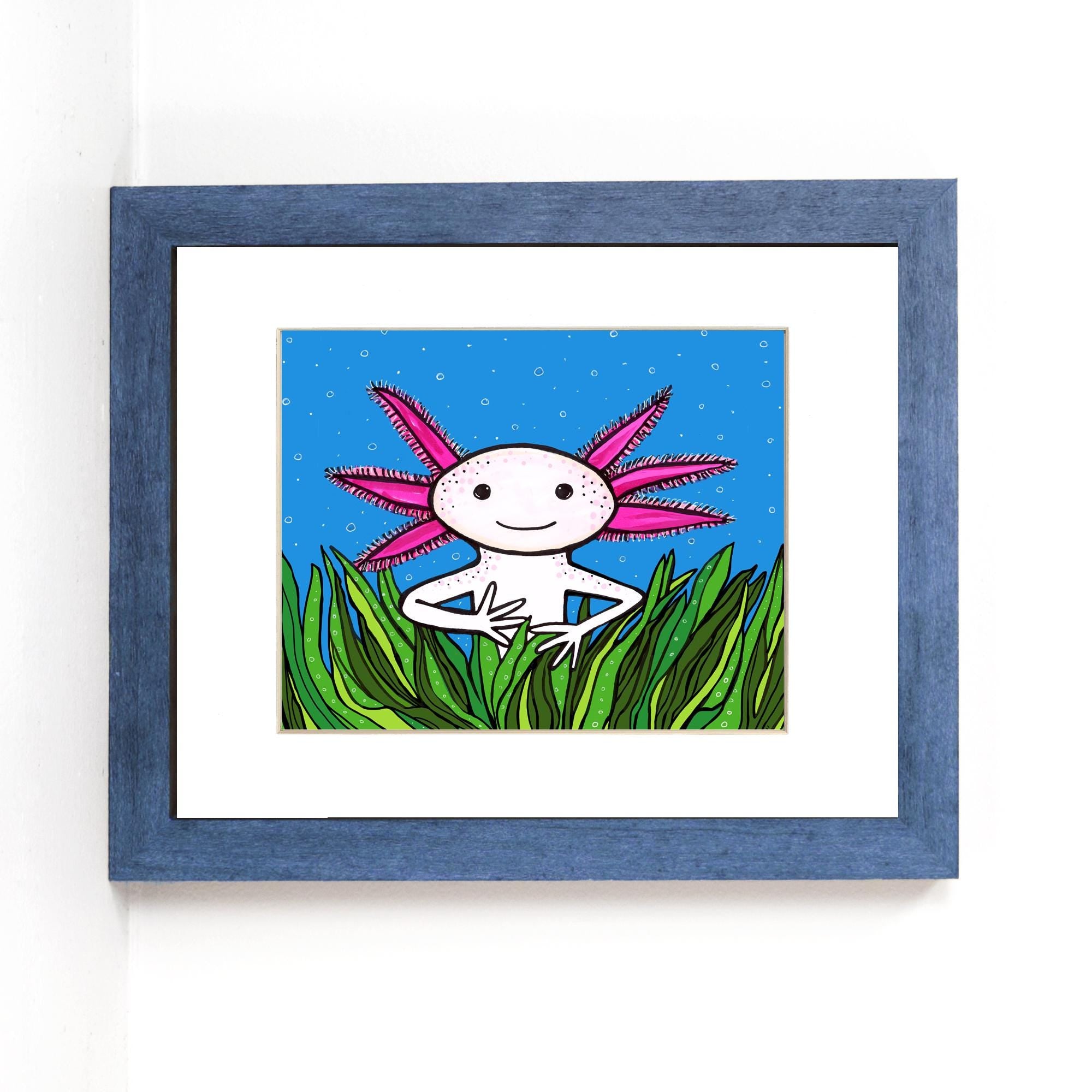 Cute Axolytl Art Print - Adorable Amphibian Art - 8x10 with optional black mat