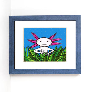 Cute Axolytl Art Print - Adorable Amphibian Art - 8x10 with optional black mat