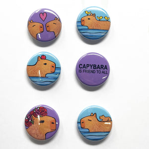 Capybara magnet or pin set - 6 designs including capybara is friend to all on purple, capybara with apple on head in the water, capybaras in love with heart, baby capybara riding on his swimming mom, capybara with rose crown, and capybara with birds