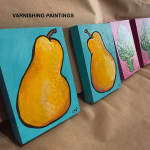 Pair of Pear Paintings - Original Acrylic Fruit Art by Claudine Intner - Yellow Pear Diptych