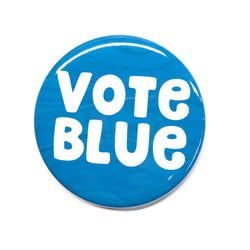 circular button with the words vote blue in white on a blue wave background