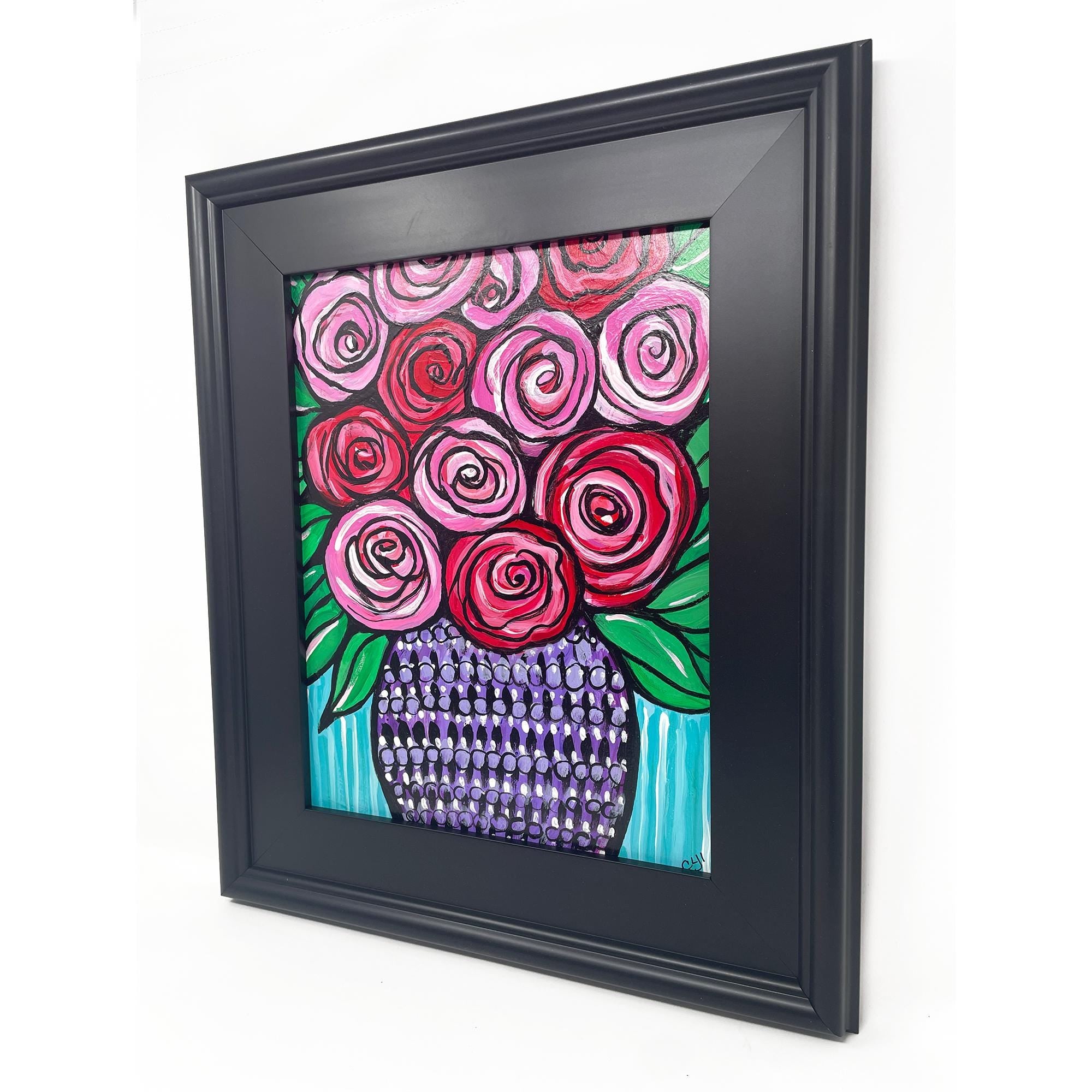 Side view of framed Roses in Purple Vase painting