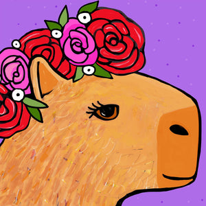 Detail from Capybara with Rose Crown showing rose petals, green leaves, and small white flowers. It also shows details of the capybara fur and eye with eyelashes. The background is purple with small dots.