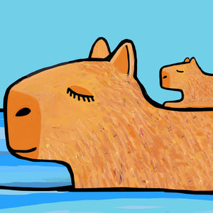 Detail of Capybara and Pup art print showing animal fur and eyelashes