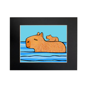 Capybara and Pup art print in optional black mat