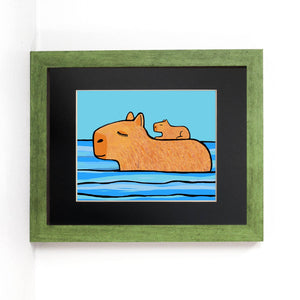 Capybara and Pup art print set in black mat and green wood frame