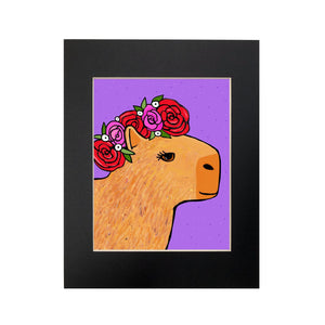 Capybara in Rose Crown art print shown in optional black mat