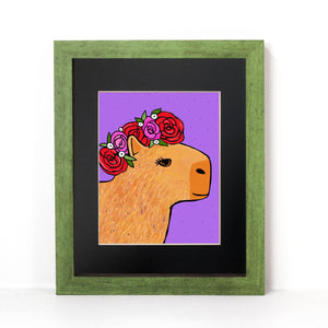 Capybara in Rose Crown art print in black mat and green frame