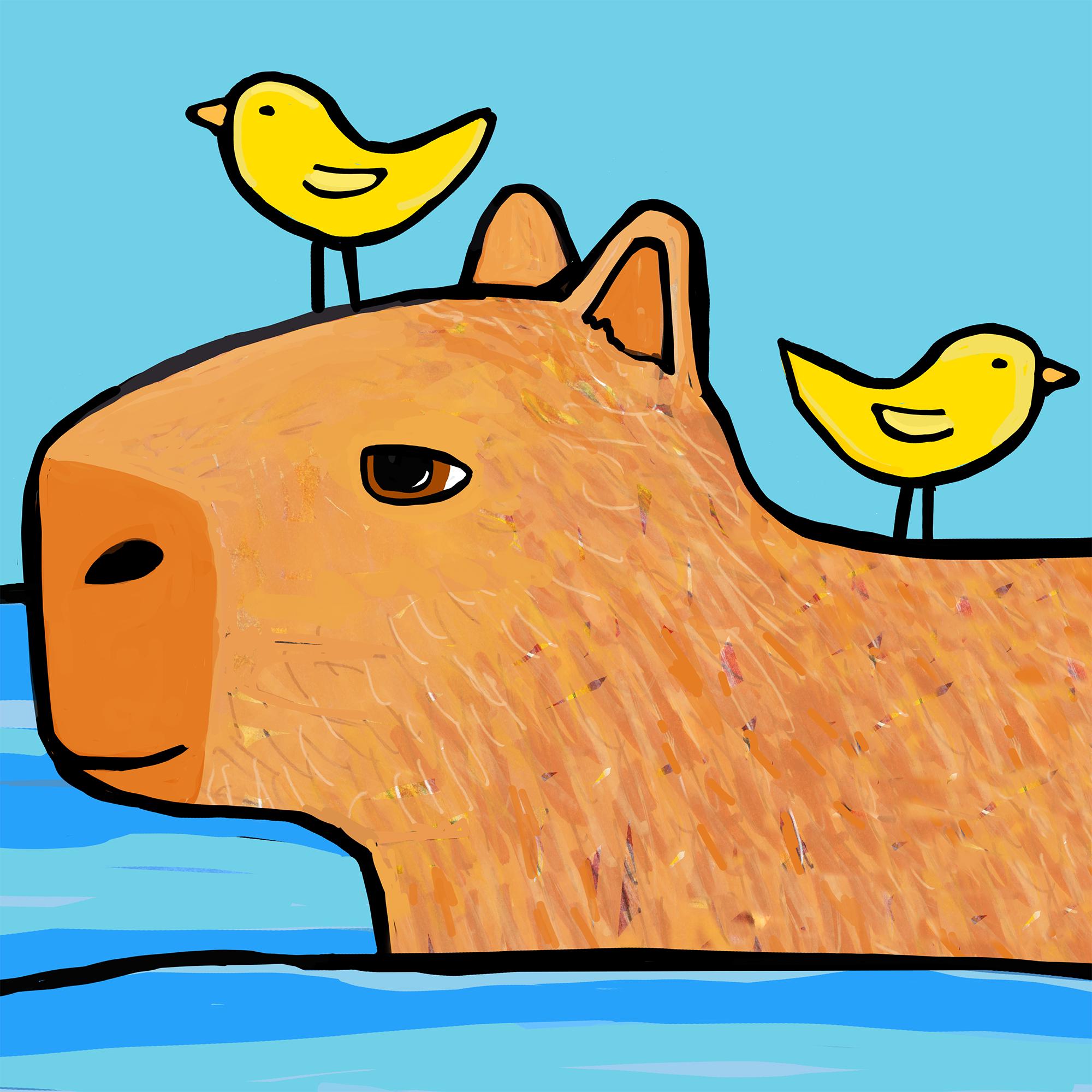 Detail from Capybara Friend to All shows close up on capybara fur and little birds.