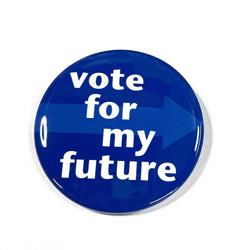 round blue button with light blue arrow with the words vote for my future in white sans serif font