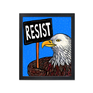 art print with bald eagle holding resist protest sign on a blue background