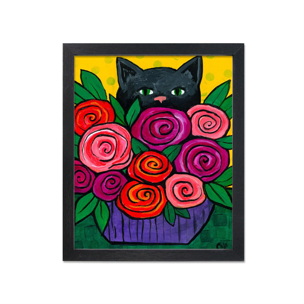 Black Cat with Roses Print