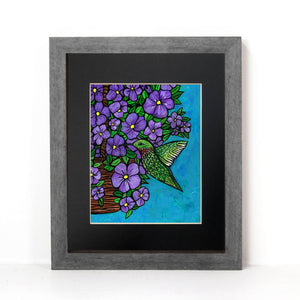 Hummingbird Art Print with Purple Petunias
