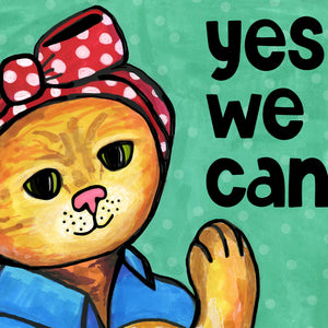 Detail of Rosie the Cat - Yellow tabby cat in red head scarf with the words yes we can