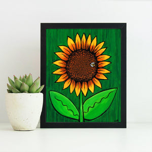 whimsical sunflower with bee on center of flower. background is green with vertical lines.