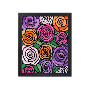 Whimsical multicolor rose drawing in shades of pink, orange, and purple with green leaves