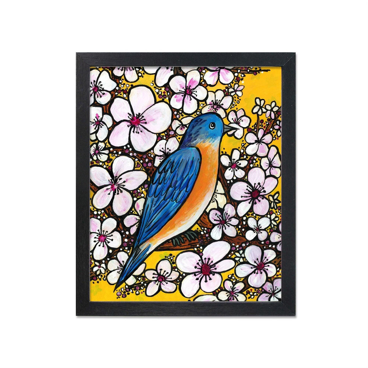 Bluebird in cherry blossom tree with yellow background