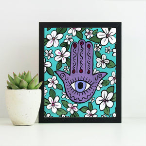 Cherry Blossom Hamsa Print with Evil Eye