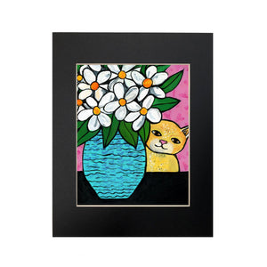 Yellow Tabby Cat with Flowers Still Life Print