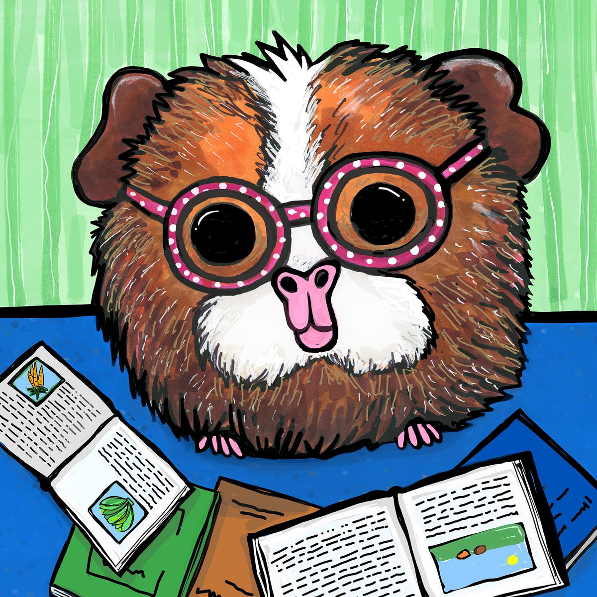 Detail of Ginger the Guinea Pig reading books