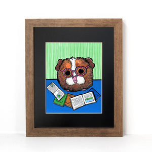 Ginger the Guinea Pig art print shown without words in a black mat and brown frame