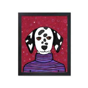 Dottie the Dalmation Dog art print features a black and white dog in a purple and blue striped turtleneck on a deep red background with dots and circles.