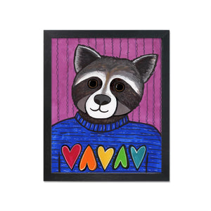 art print featuring Roxy Raccoon in a blue Pride sweater with different color hearts across the chest. Background is a dusty pink with black vertical squiggles.