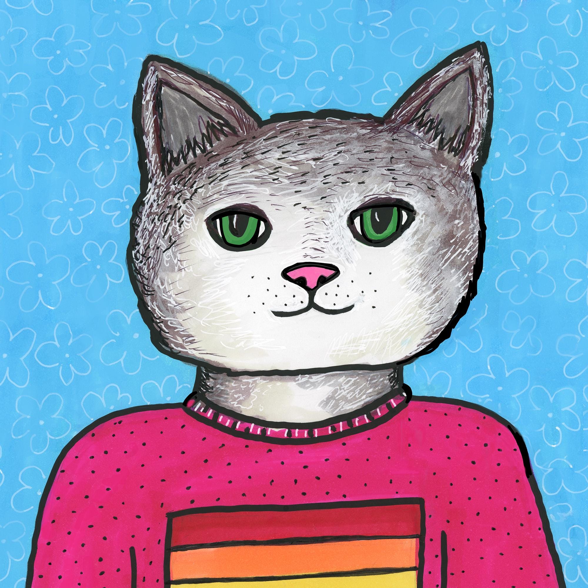 Sarah the Cat Pride Art Print - Cute Gray and White Cat in Rainbow Flag T-shirt - LGBTQ