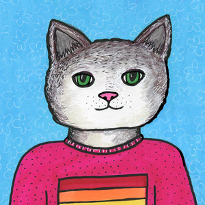 Sarah the Cat Pride Art Print - Cute Gray and White Cat in Rainbow Flag T-shirt - LGBTQ