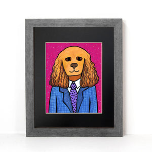 Tanner the Cocker Spaniel art print shown in a black mat with gray frame